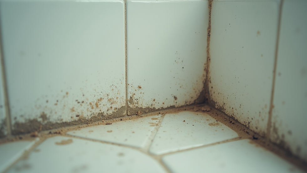 Eye-level view of a bathroom corner with mould on the tiles