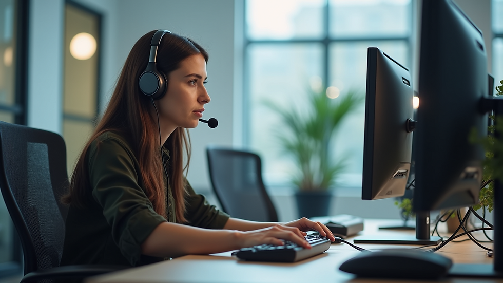 Eye-level view of a customer service desk with a headset and computer