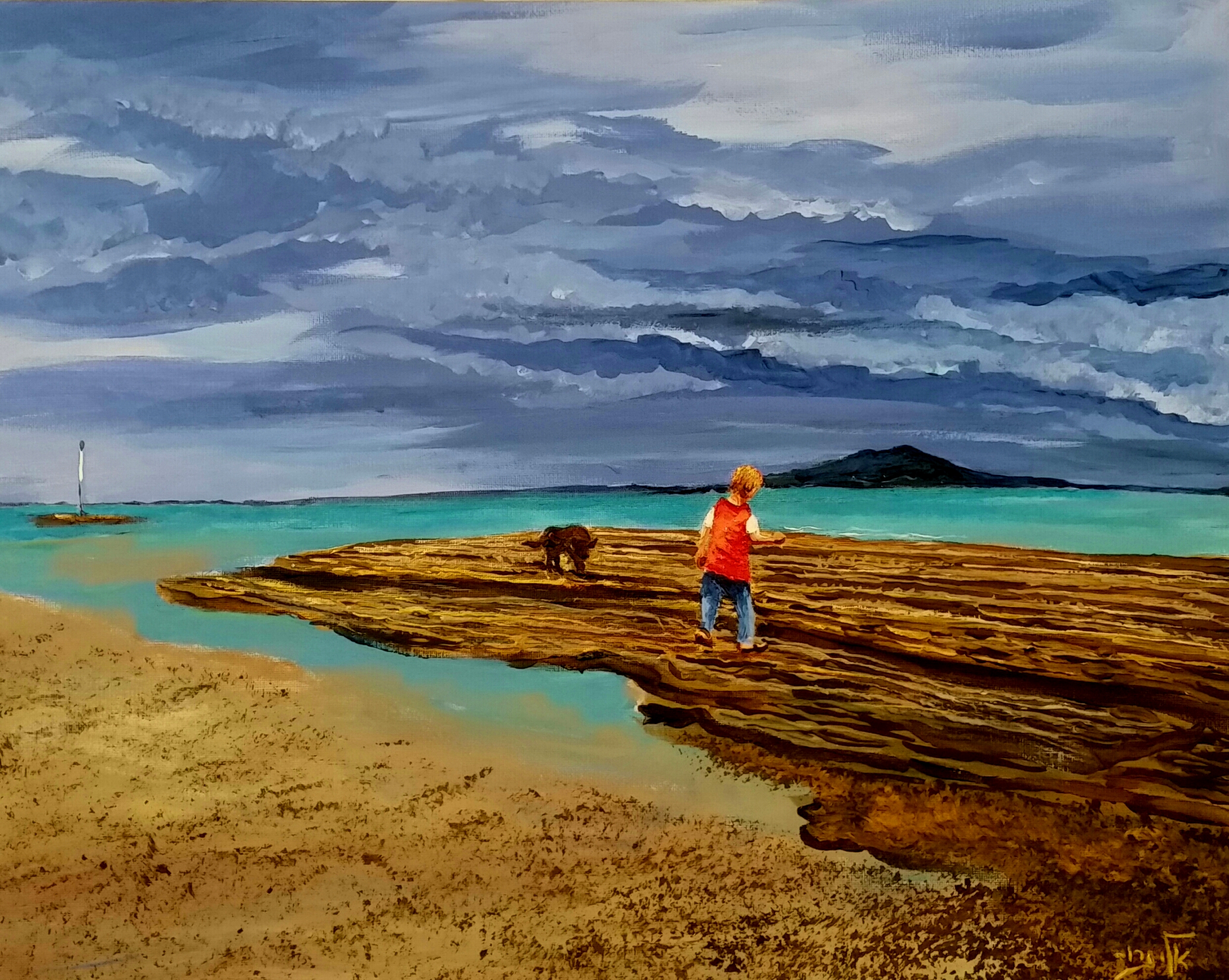 The child is wandering with his dog on the beach. The sky are like an hungry dog, with stormy clouds
