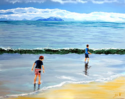 The sea plays with children, and pale gl