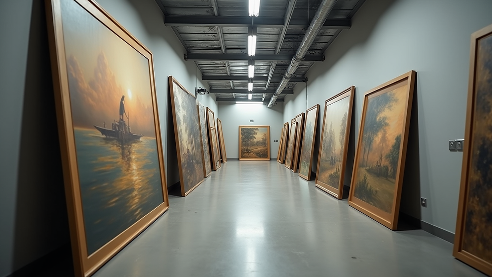 Eye-level view of a climate-controlled art storage room with paintings carefully stored