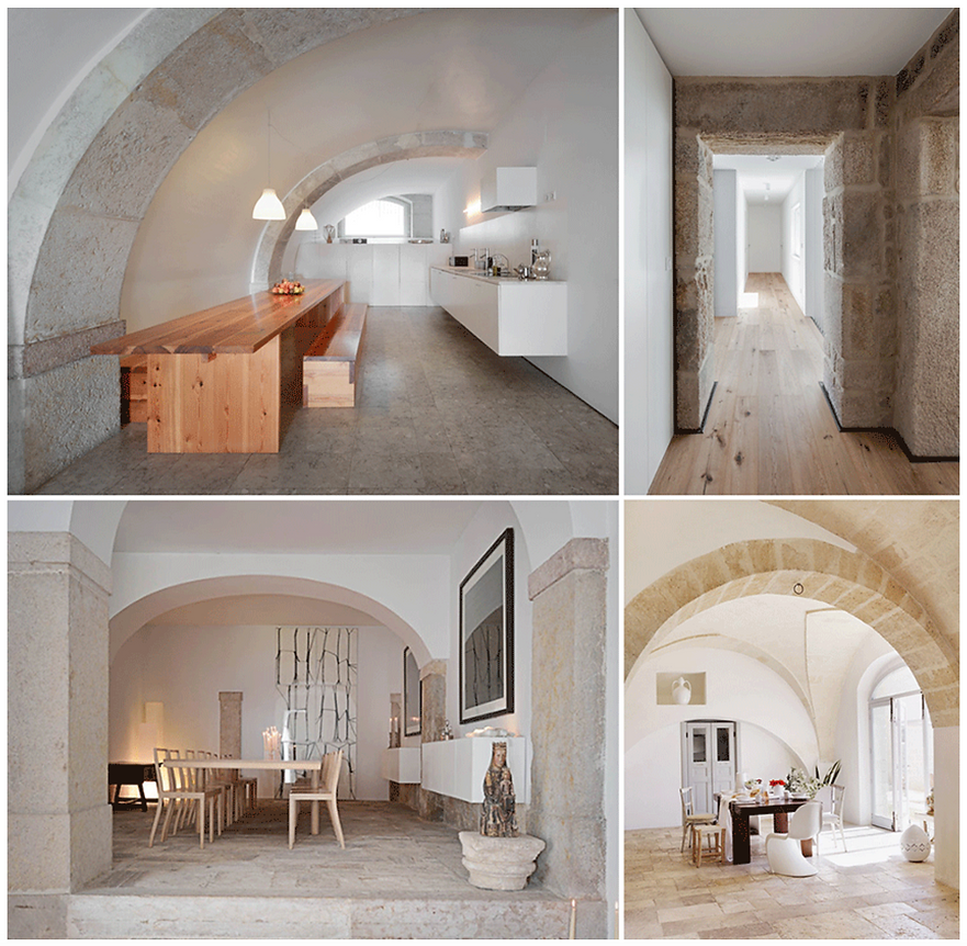 Arco interior de piedra de sillería con acabado rústico, utilizado como elemento decorativo en una casa tradicional española.