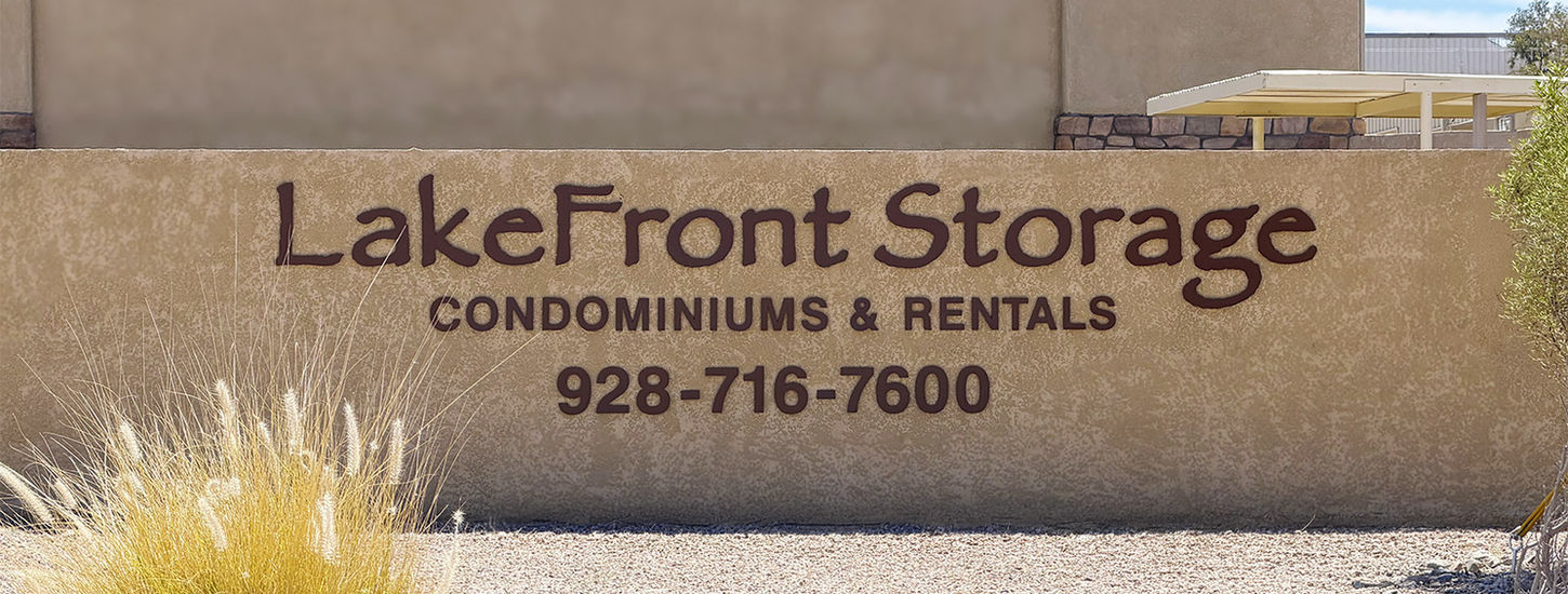 LakeFront Storage Sign facing Lake Havasu and London Bridge Road