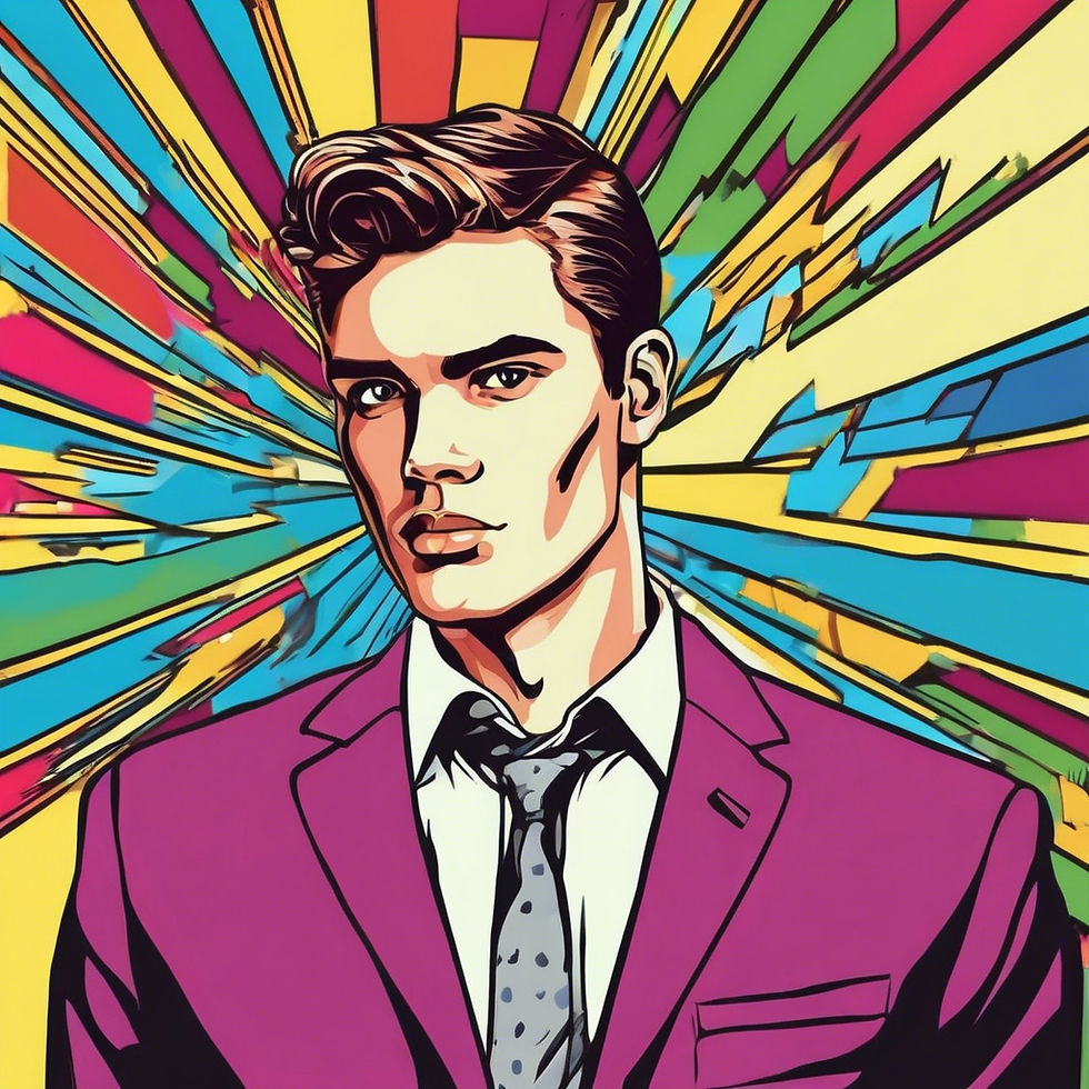 Illustrated man in a magenta suit with a colorful, dynamic background of geometric shapes. The style is vibrant and comic-like.