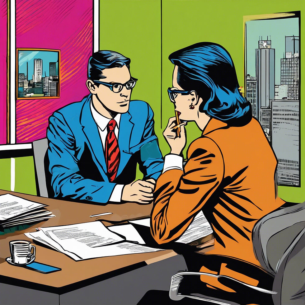 Two people in business attire discuss at a desk with paperwork. Background features colorful walls and cityscape views. Retro comic style.