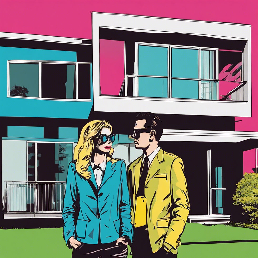 Stylish couple in blue and yellow jackets stand before a modern house. Bright pink and teal background suggests a pop art style.