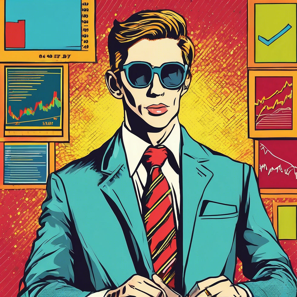 Stylized man in suit, red tie, and sunglasses in front of colorful charts. Bold red and yellow background, business-focused mood.