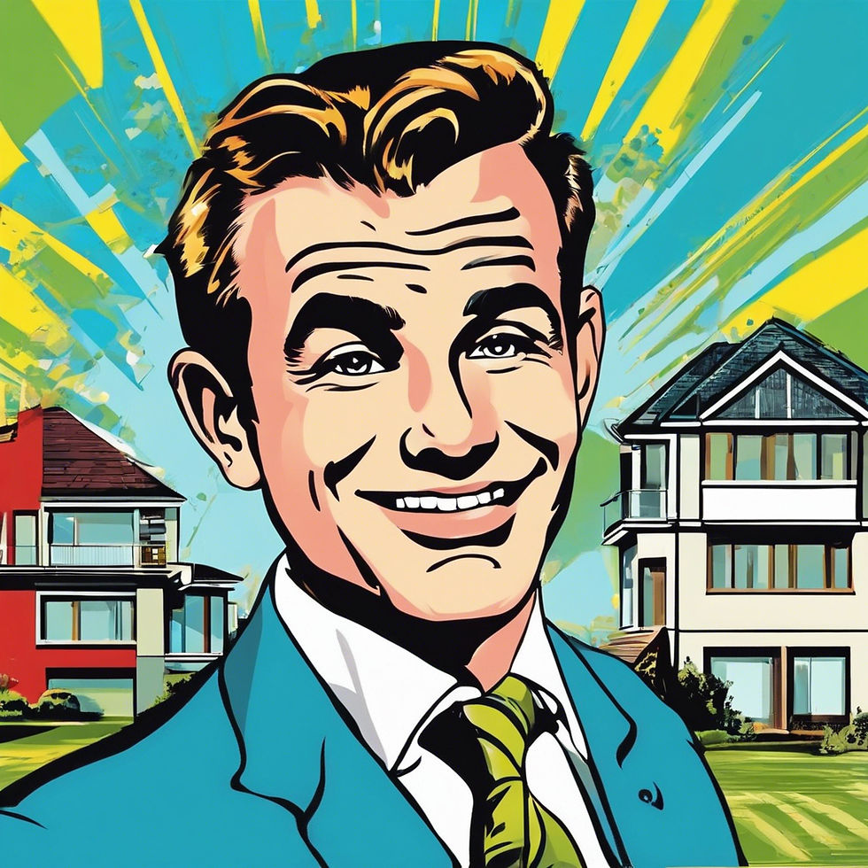 Man in a blue suit smiling, with colorful pop art style beams in the background. Two houses on a green lawn are behind him. Bright, cheerful mood.
