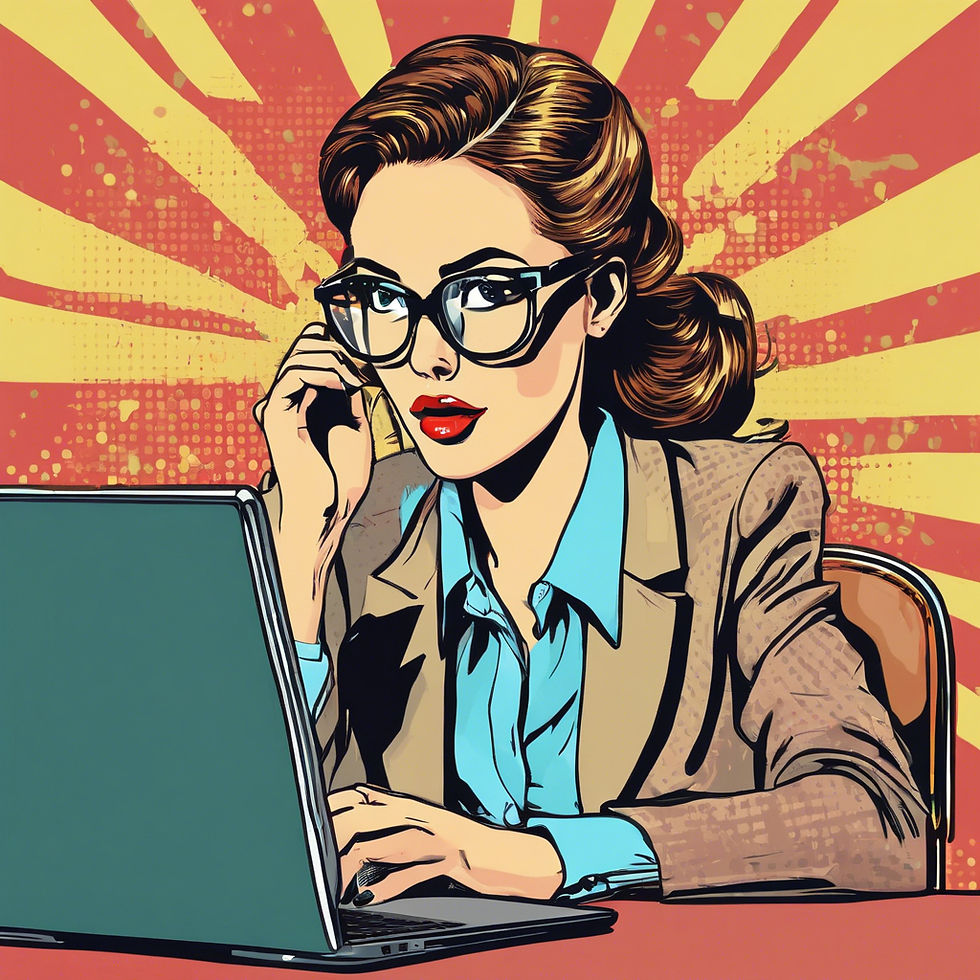Pop art style: Woman in glasses and blazer working on laptop, vibrant sunburst background in red and yellow, focused and determined mood.
