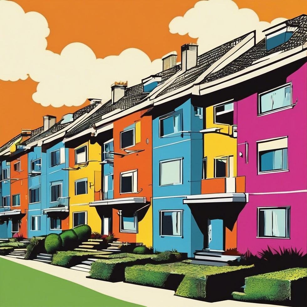 Colorful row of apartments in blue, yellow, and pink under an orange sky with fluffy clouds. Neatly trimmed hedges line the path. Vibrant mood.