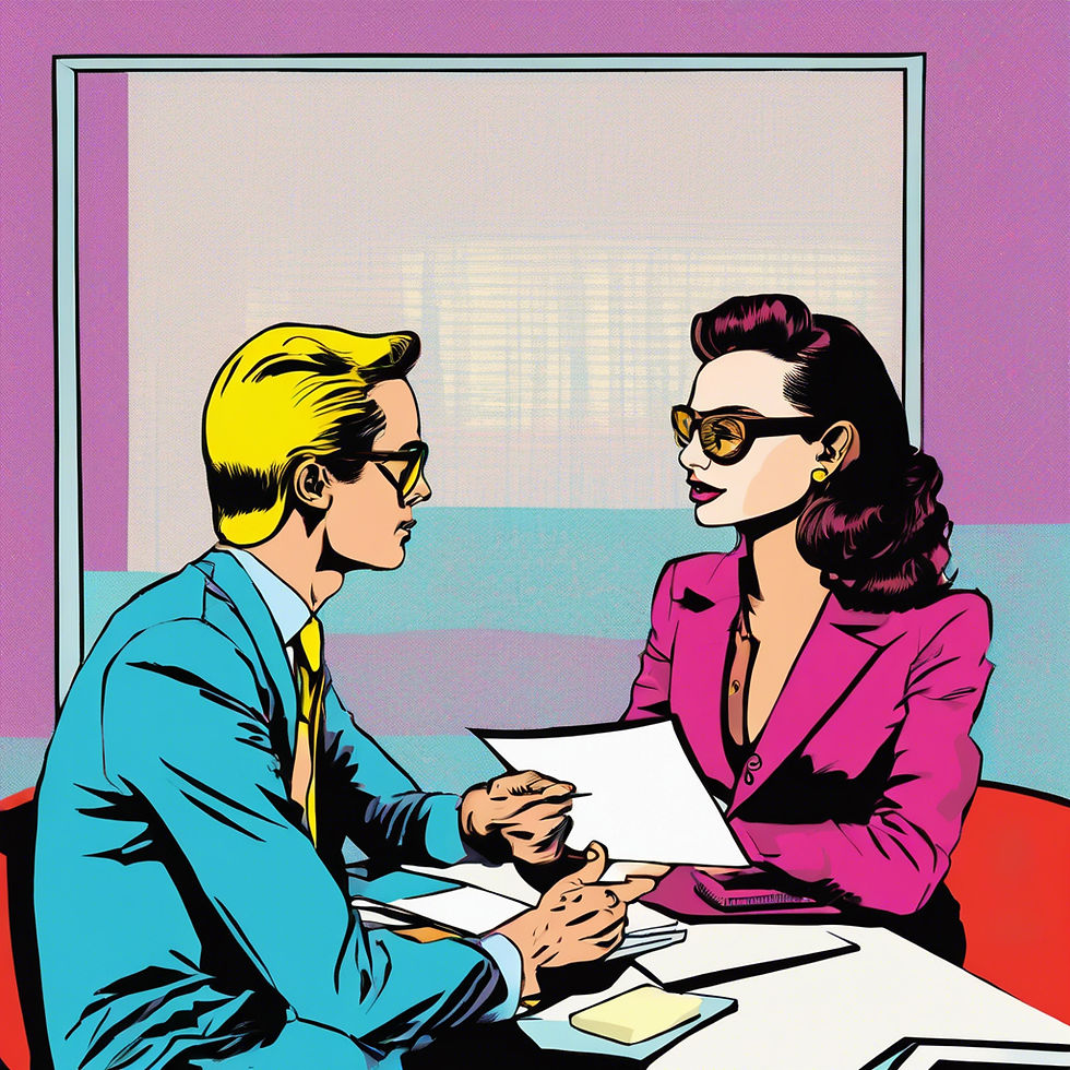 Two people in pop art style, one in a blue suit, the other in a pink jacket, sit at a table discussing papers. Purple background, window behind.