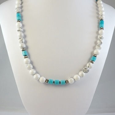 Thumbnail: Howlite and Sleeping Beauty Turquoise Sterling Silver Men's Necklace