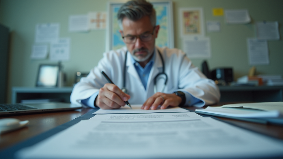 Eye-level view of a veteran reviewing medical documents at a desk