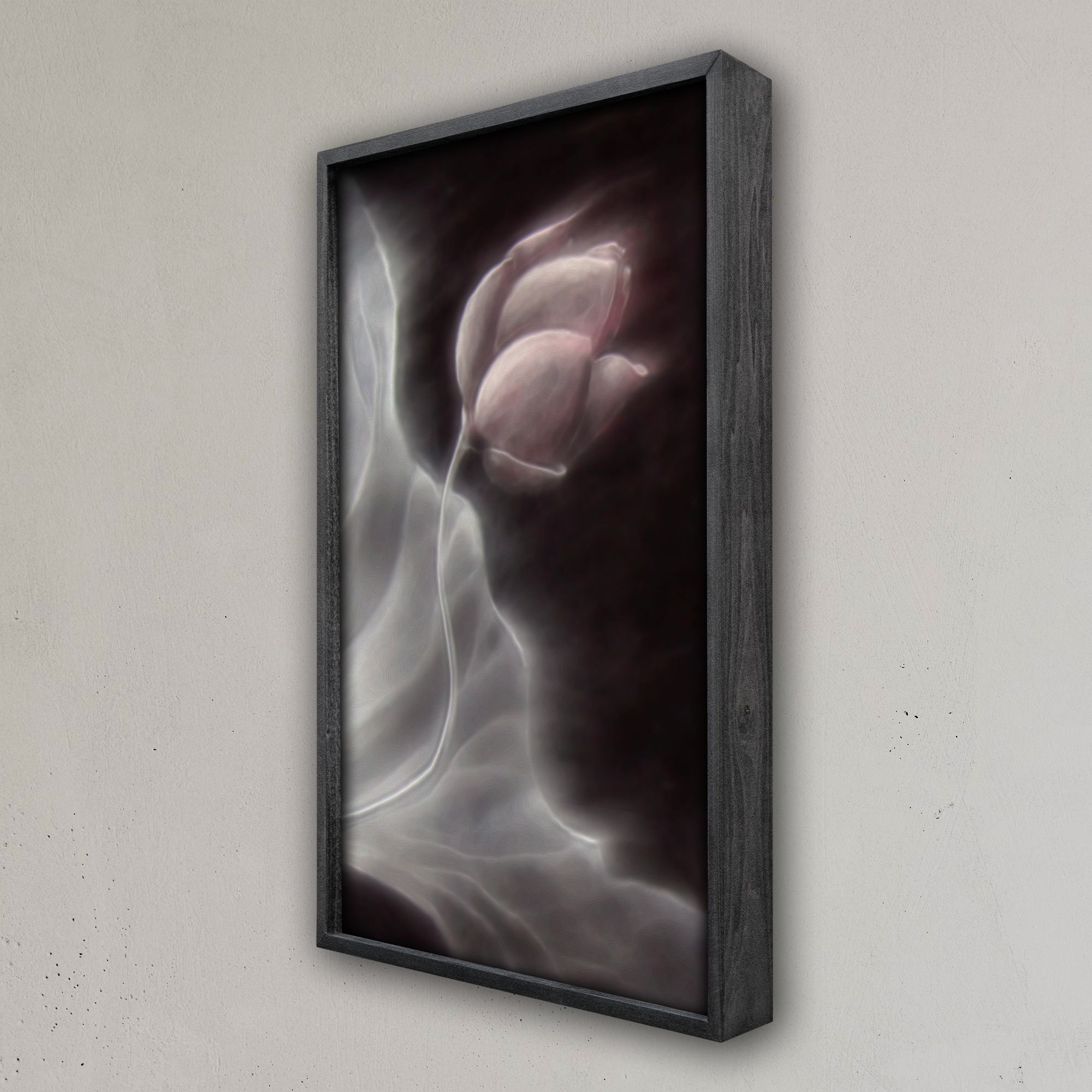 Still Lotus by Jim Tavernetti, sound absorbing wall art in a black acoustic frame, angled view