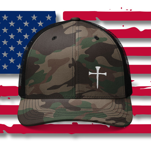 Camo 3 Spike Cross Embroidered Trucker Hat, Chrisitain gift