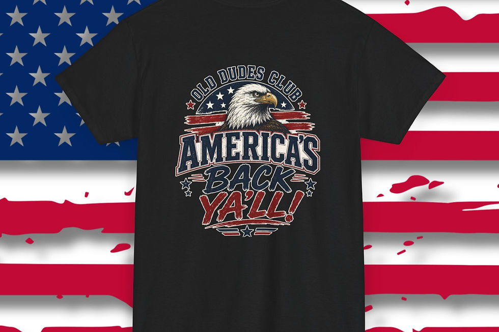 Thumbnail: Black tee with a red white and blue patriotic design OlD Dudes Club America's Back Y'all