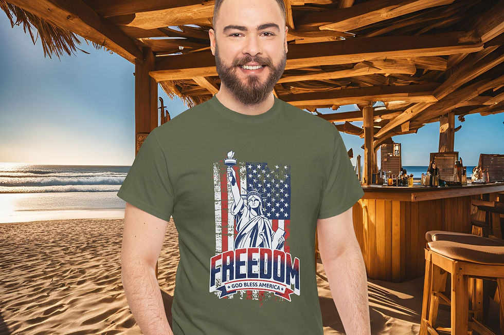 Thumbnail: green t-shirt with a vertical American flag with the statue of Liberty over lay and a large arching Freedom on the bottom
