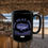 Thumbnail: Black coffee mug with a blue fish in the center, Fish Relax Enjoy arching above and Old Dudes Club printed in blue below