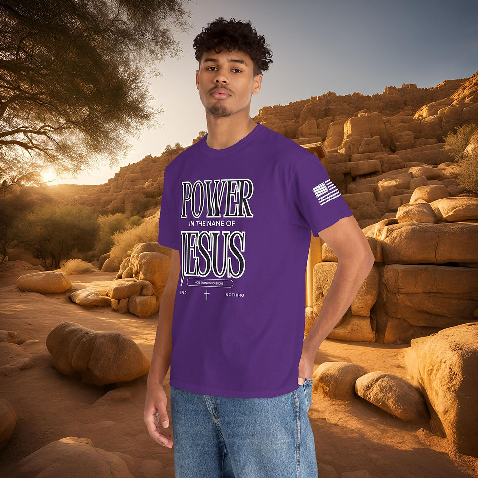 Purple tee with The Power of Jesus printed on the front in black letters outlined in white