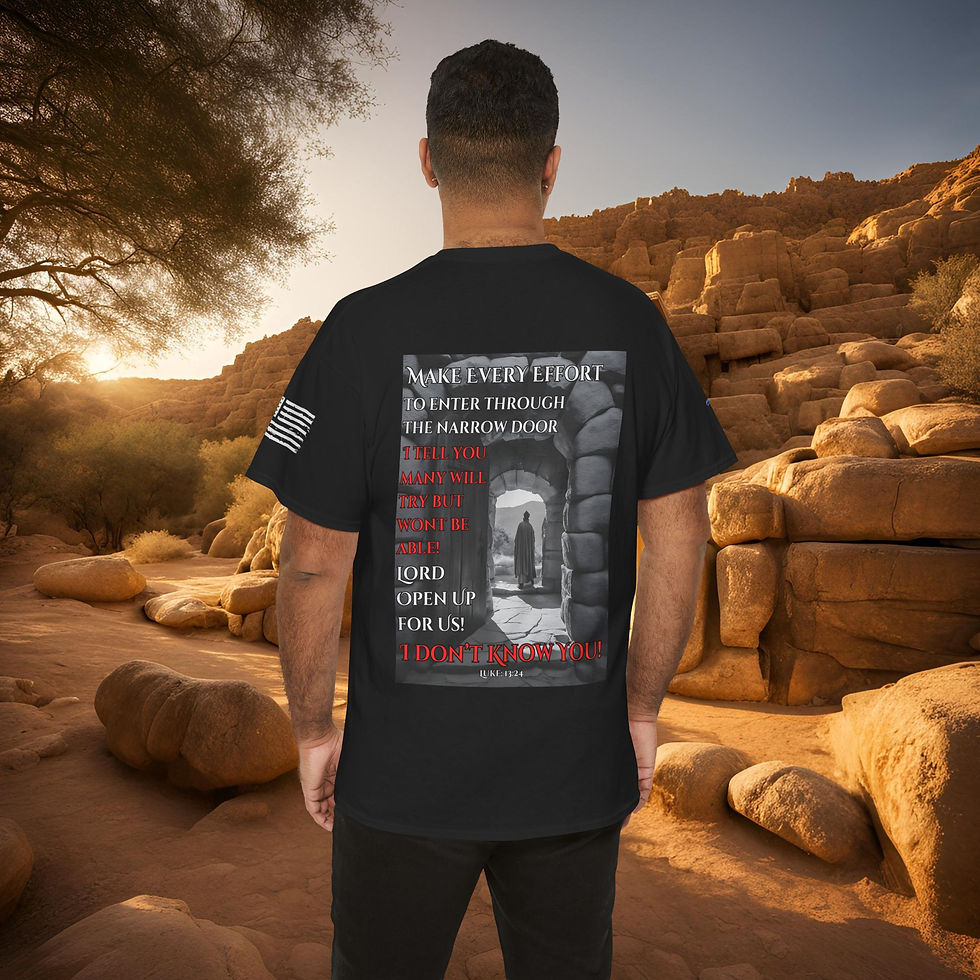 Christian Tee - Luke 13:24 Verse printed on a black tee, image of a rock doorway with a person standing in the door way