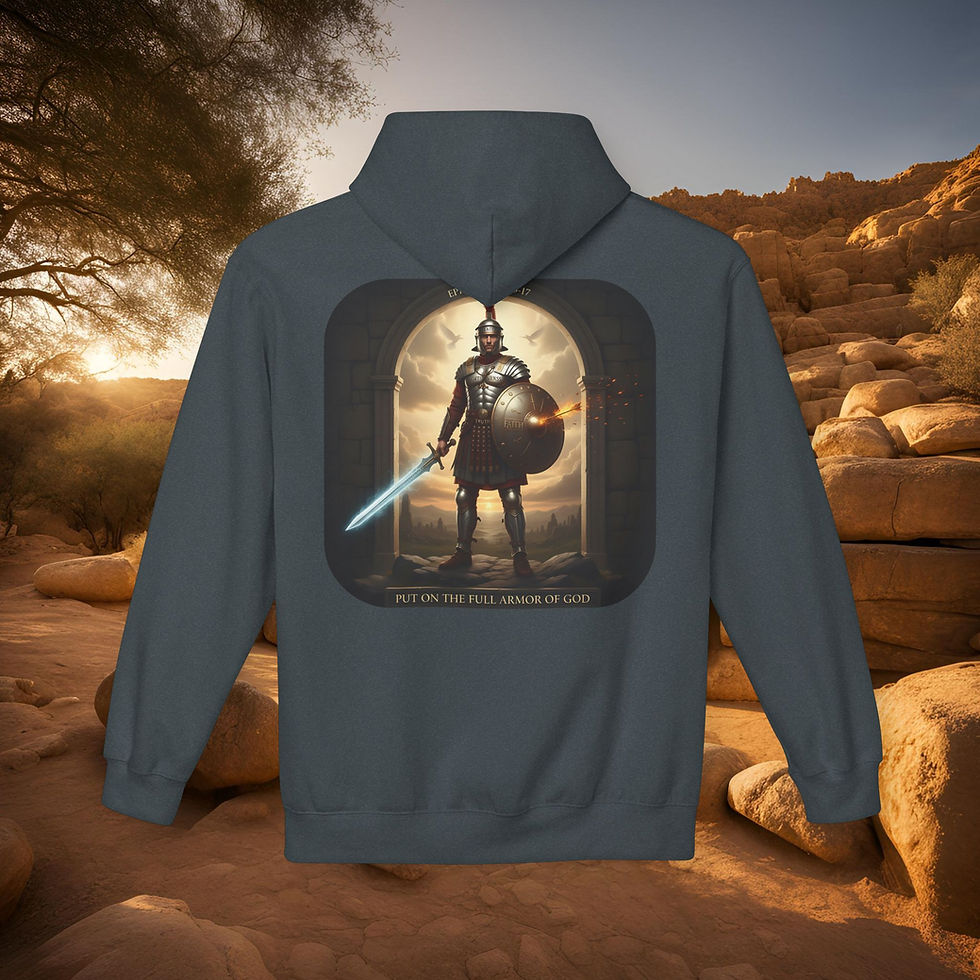 Thumbnail: green hoodie with a printed image of a knight standing in a doorway with a christian message