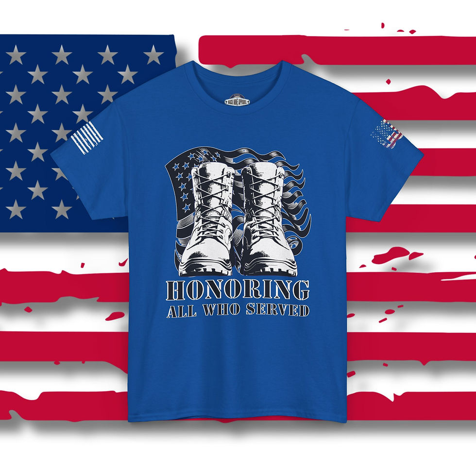 cobalt blue colored tee shirt with a pair of black military style boots printed on the front American flag background
