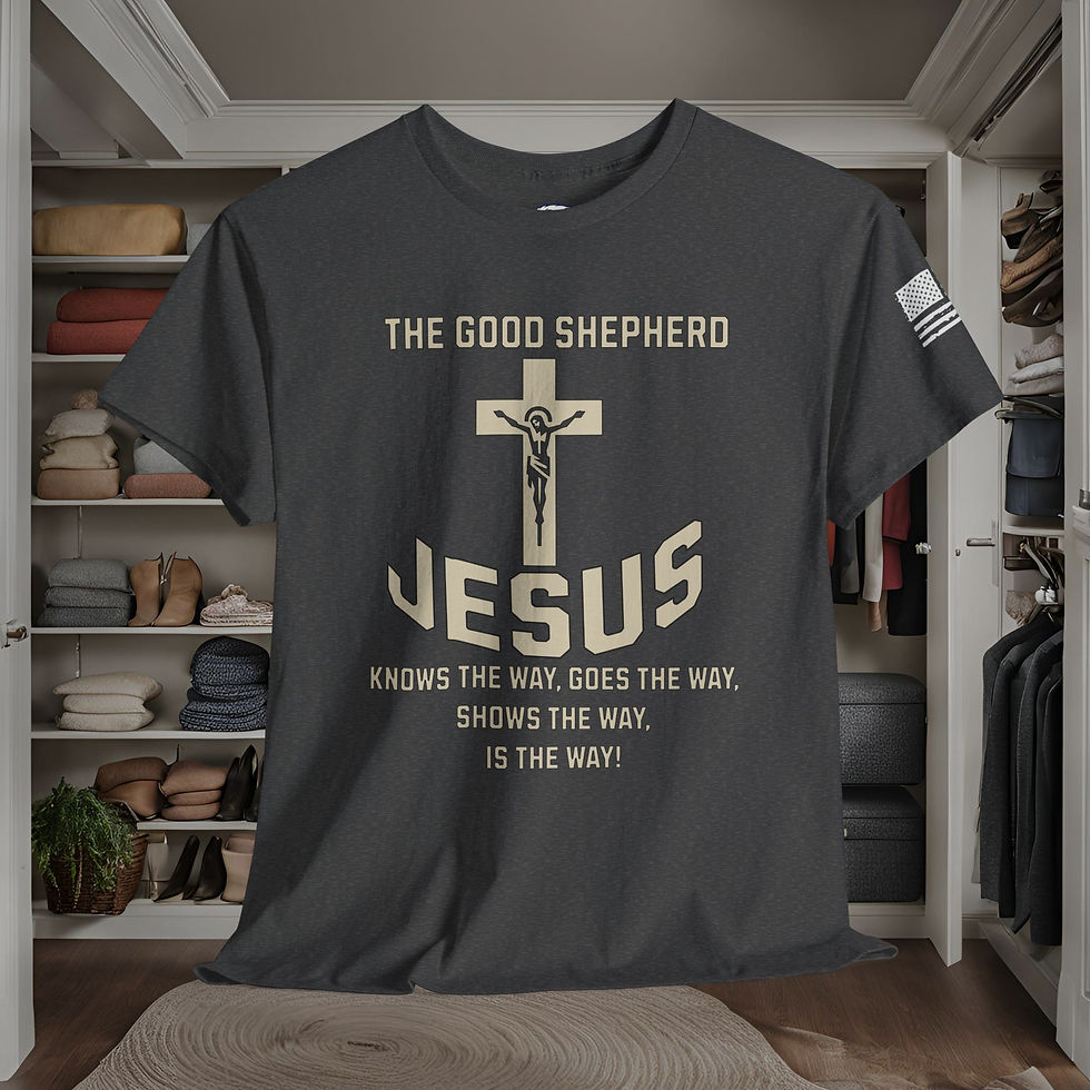 The Good Shepherd, Jesus is the way tee shirt printed in gold letters on black tee