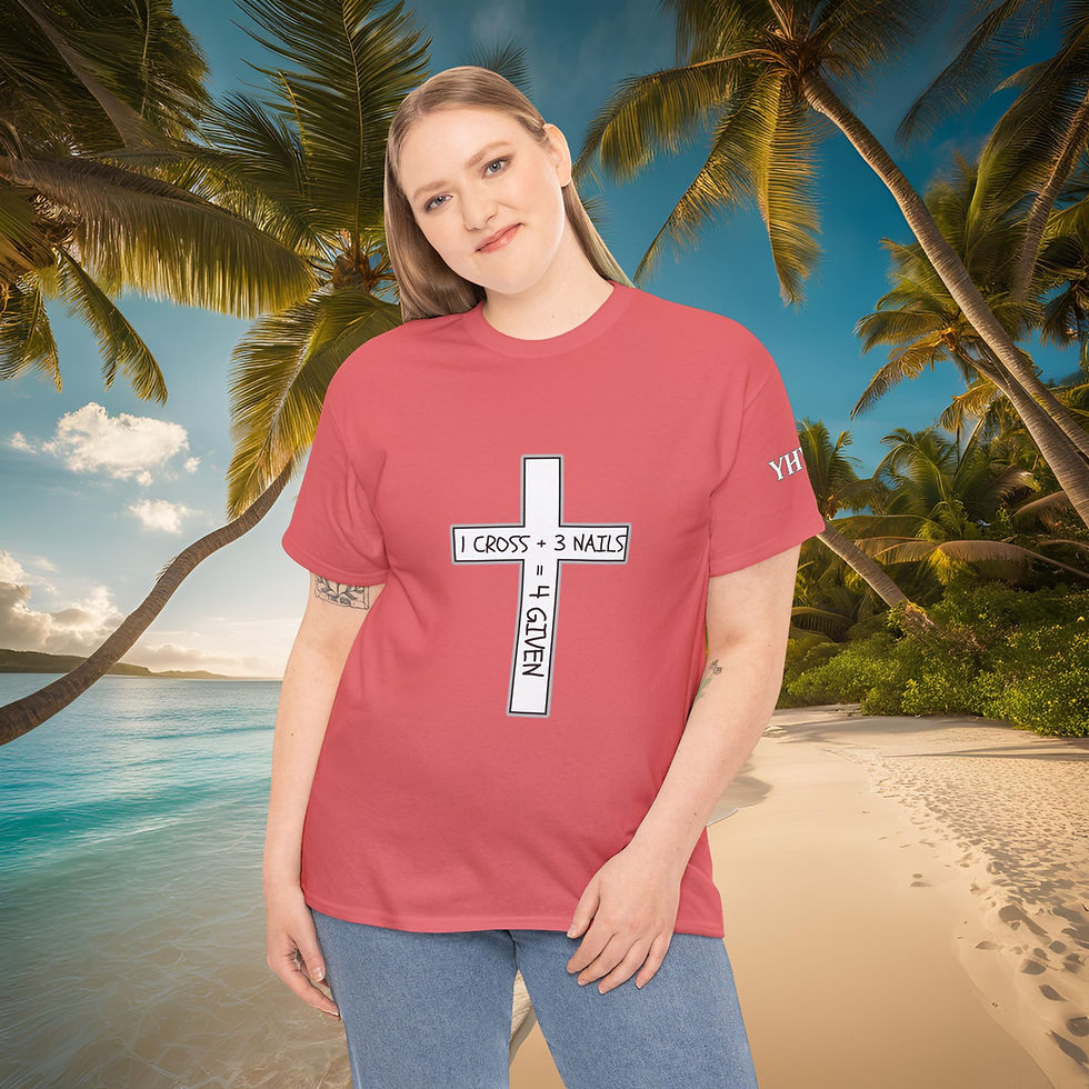 Coral pink tee on a model with a large white cross with 1 Cross plus 3 nails equals four given printed inside the white cross