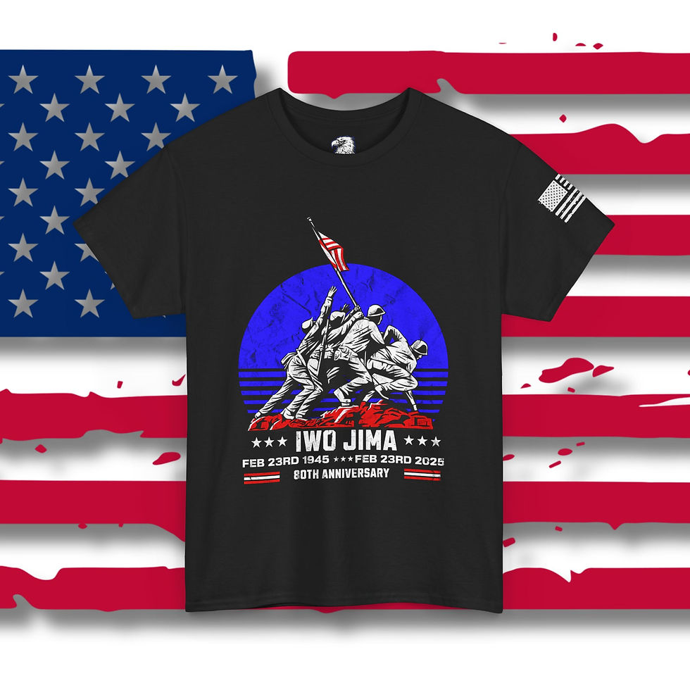 Black tee with image of flag raising at Iwo Jima a tribute to the 80th anniversary of the battle of Iwo Jima