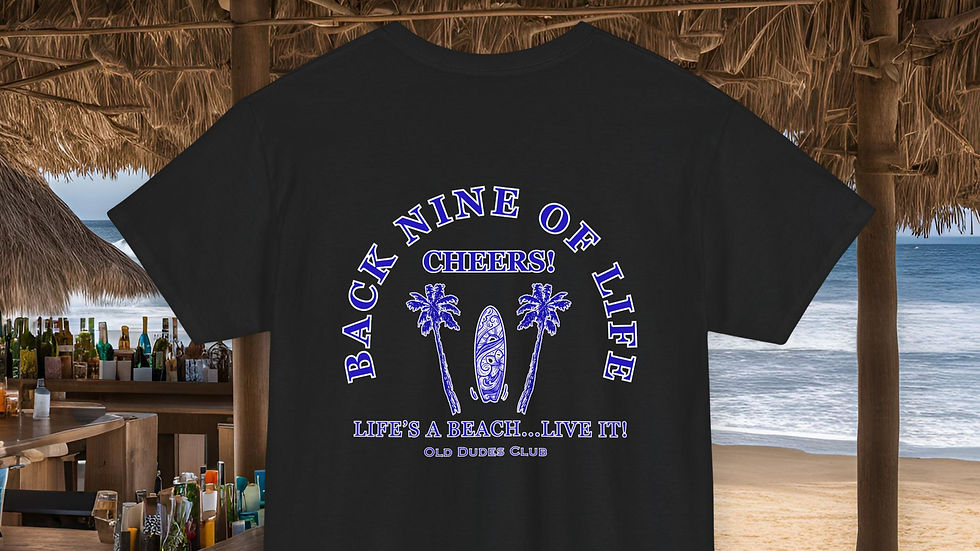 Thumbnail: Navy colored tee with Back Nine of Life in blue and white letters Life's a beach on the bottom of the design
