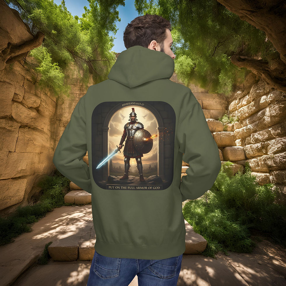 Thumbnail: green hoodie with a printed image of a knight standing in a doorway with a christian message