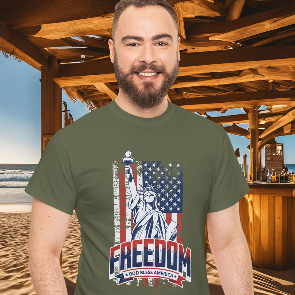 Close-up view of a patriotic-themed t-shirt with an American flag design