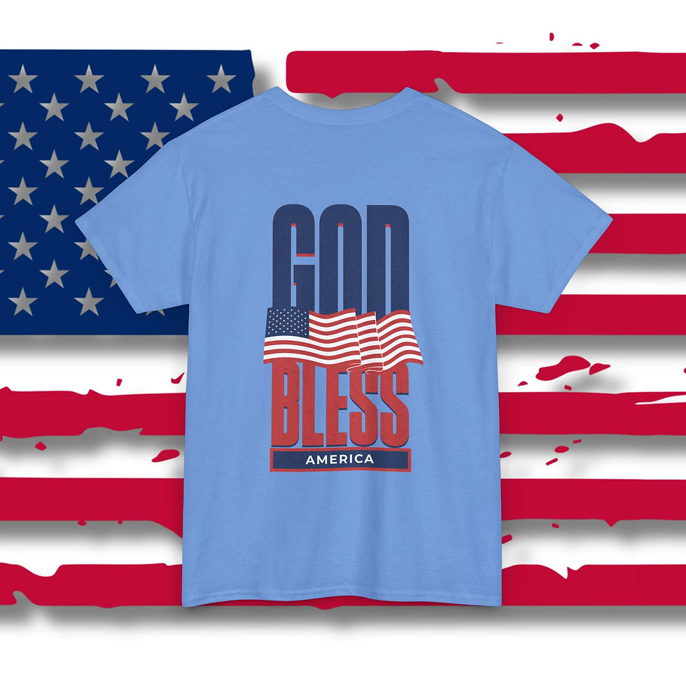 Blue Tee with God Bless America graphic in red white and blue colors