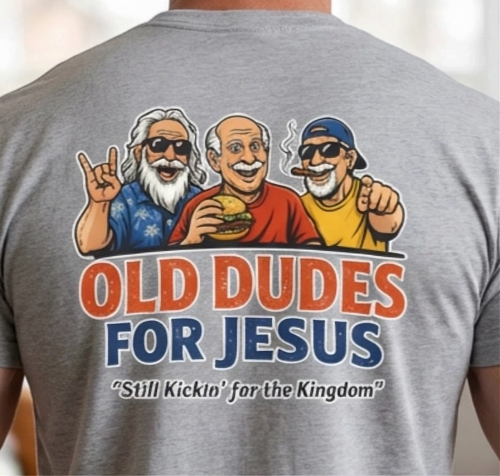Gray t-shirt with a colorful graphic of three older men celebrating Old Dudes for Jesus