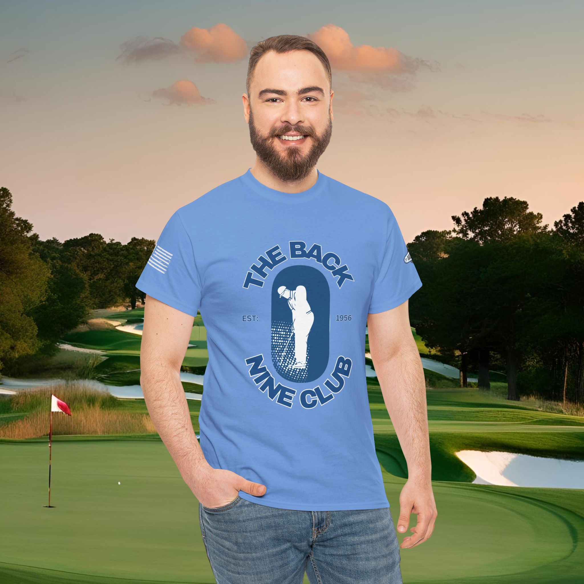 blue t-shirt with The Back Nine club printed in dark blue silhouette of a golfer in center of the design