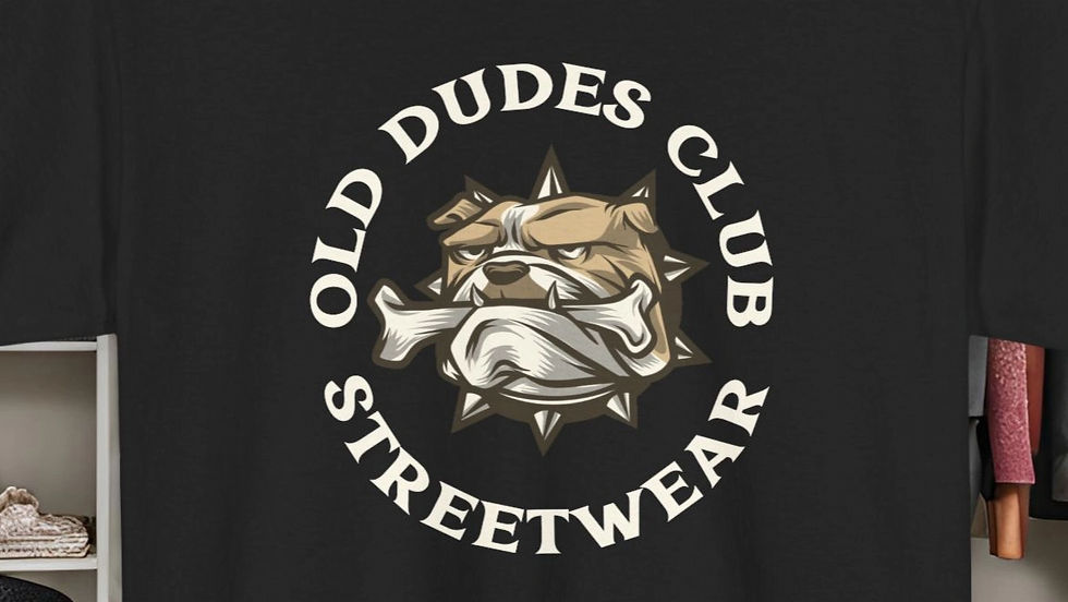 black tee with a character bull dog holding a bone in it mouth "Old Dudes Club" Streetware