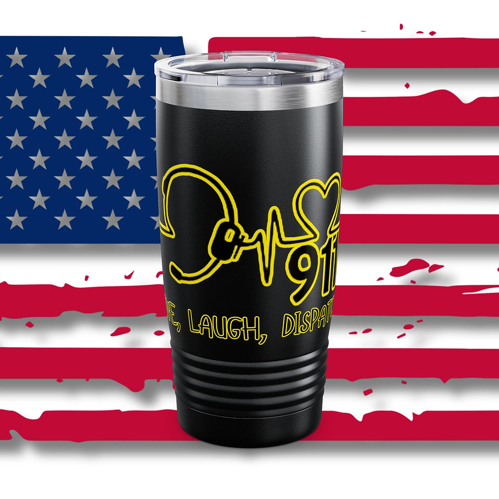 Black tumbler with a design honoring 911 operators in yellow