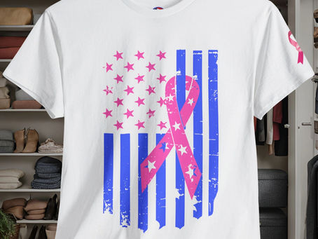white tee shirt with a blue and pink vertical American Flag with pink Breast Cancer ribbon