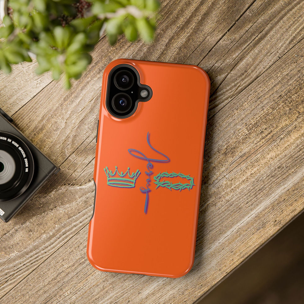 Orange iPhone case with Jesus printed in cursive vertically with crown of thorns on the right and a fancy crown