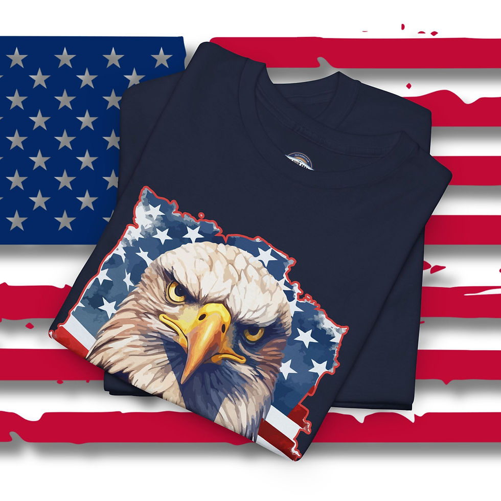 Thumbnail: a folded navy tee shirt with an eagle head with an American flag background