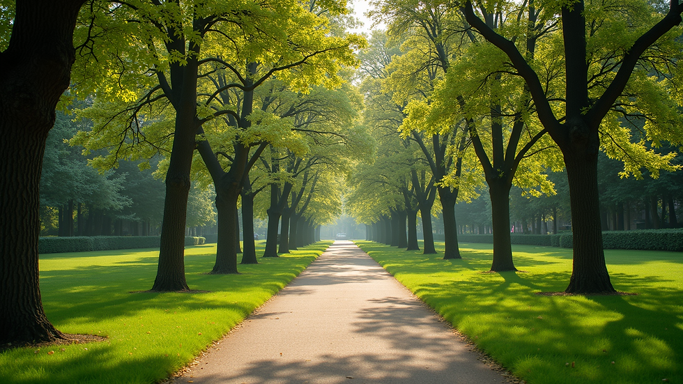 Wide angle view of a peaceful park with walking paths