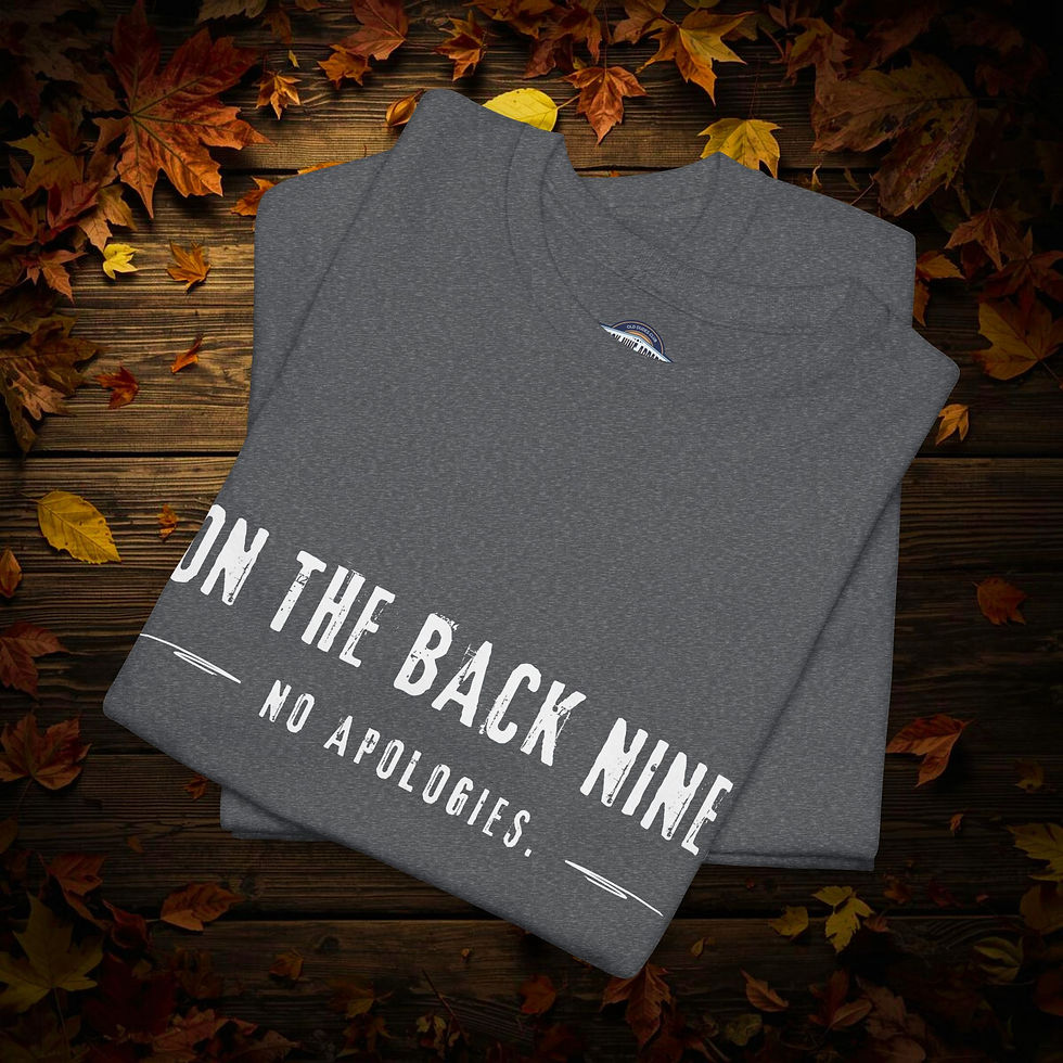 Thumbnail: folded heather gray tee with On The Back Nine in a grunge style white letters