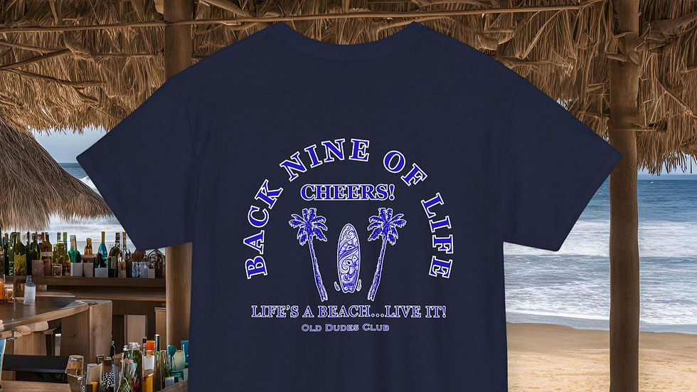 Thumbnail: black colored tee with Back Nine of Life in blue and white letters Life's a beach on the bottom of the design