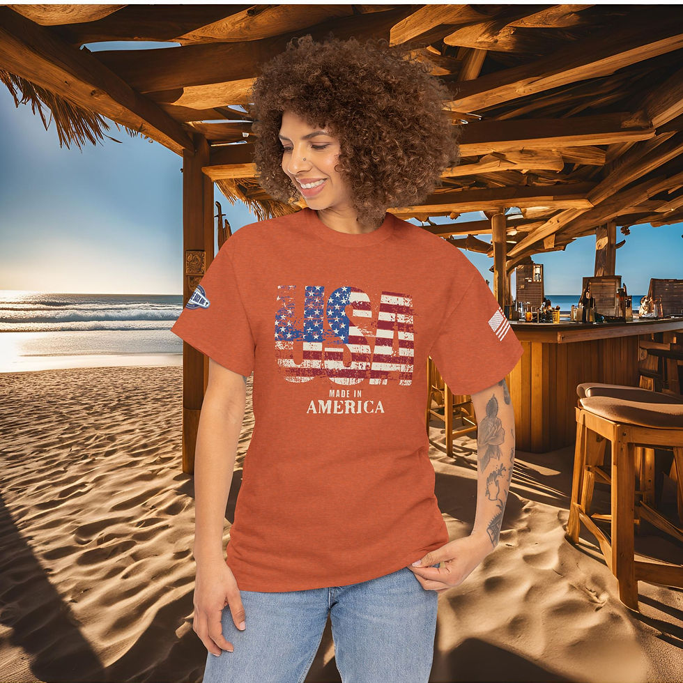 young lady wearing an Orange t-shirt with a large USA printed in an American flag pattern Made in America Tiki bar background
