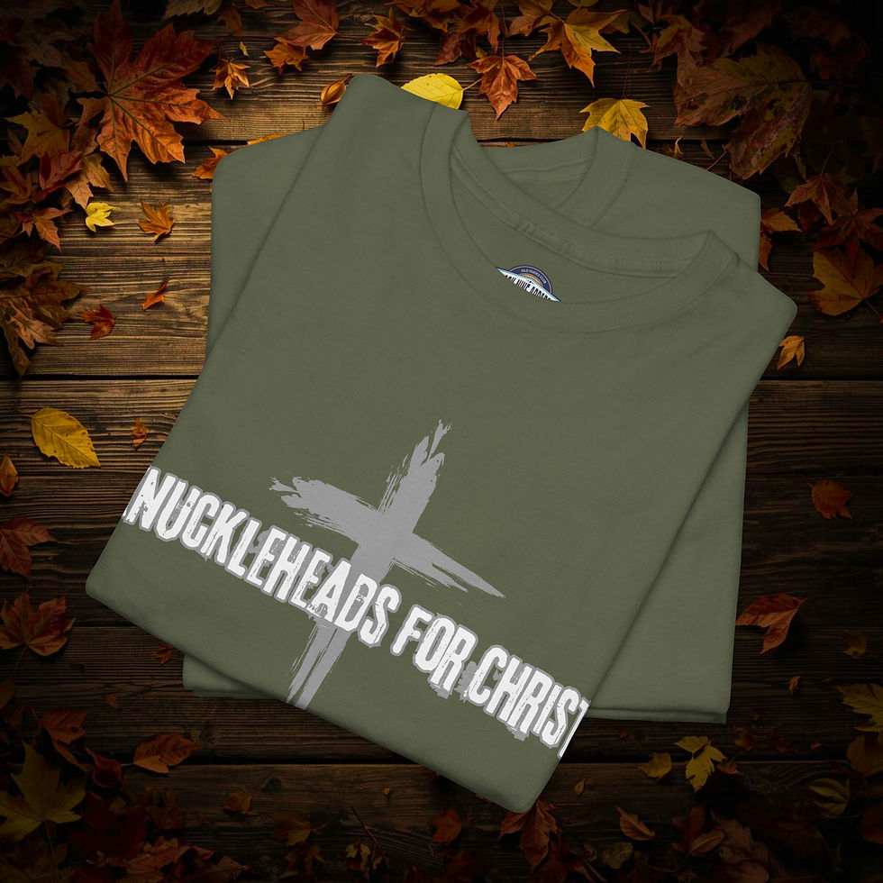 Thumbnail: folded Military green tee with Knuckleheads for Christ in white block letters with a gray cross in the background