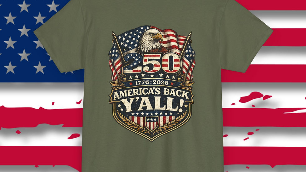 Thumbnail: Military Green tee with a patriotic design with American Flags and a bald eagle America's Back Y'all