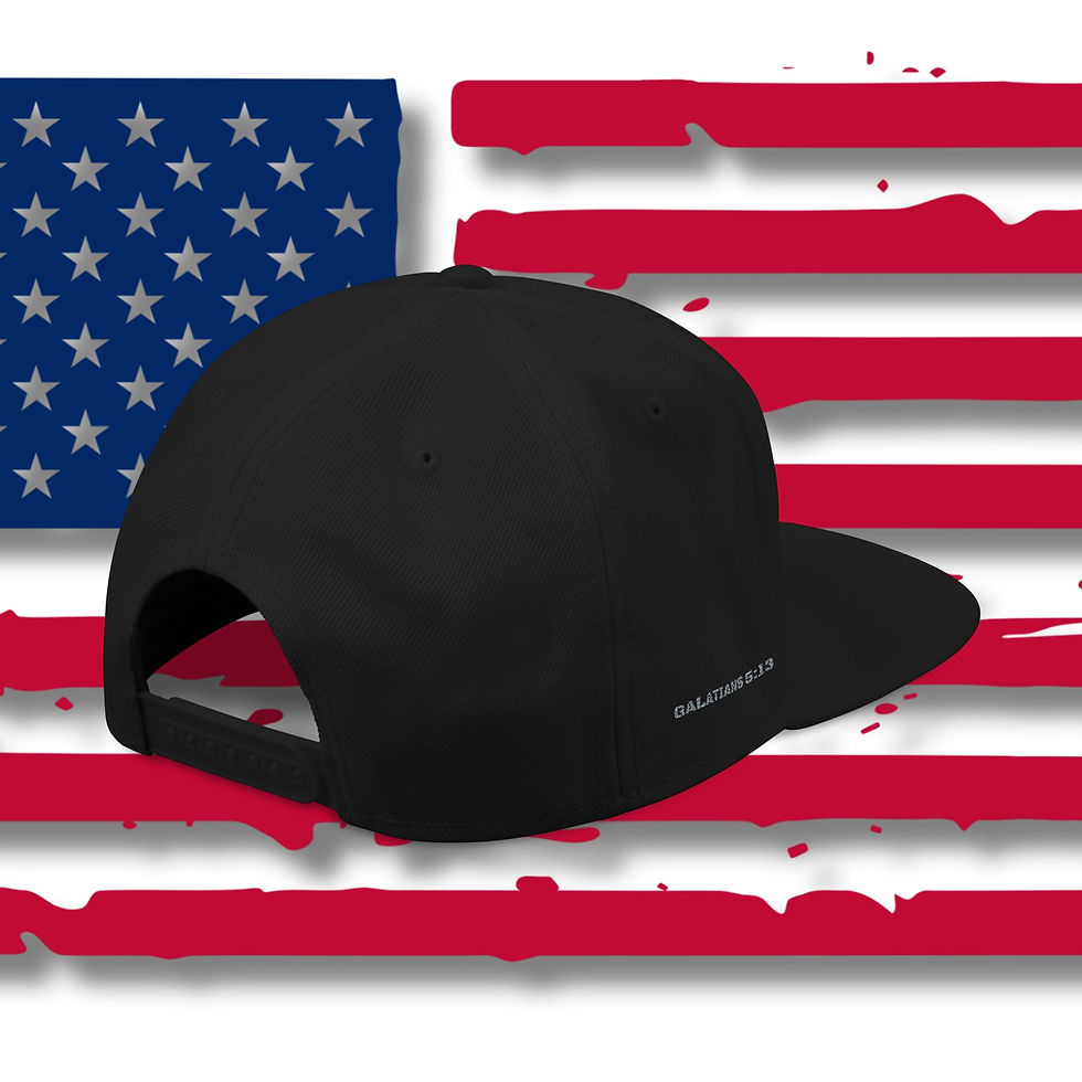 Thumbnail: black cap with black bill with Galatians 5:13 embroidered in gray on the side of the hat