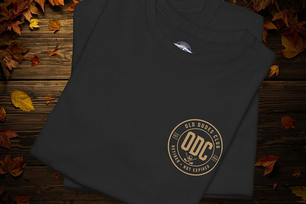 Thumbnail: Folded black tee with a gold Old Dudes Club logo printed on the upper left chest