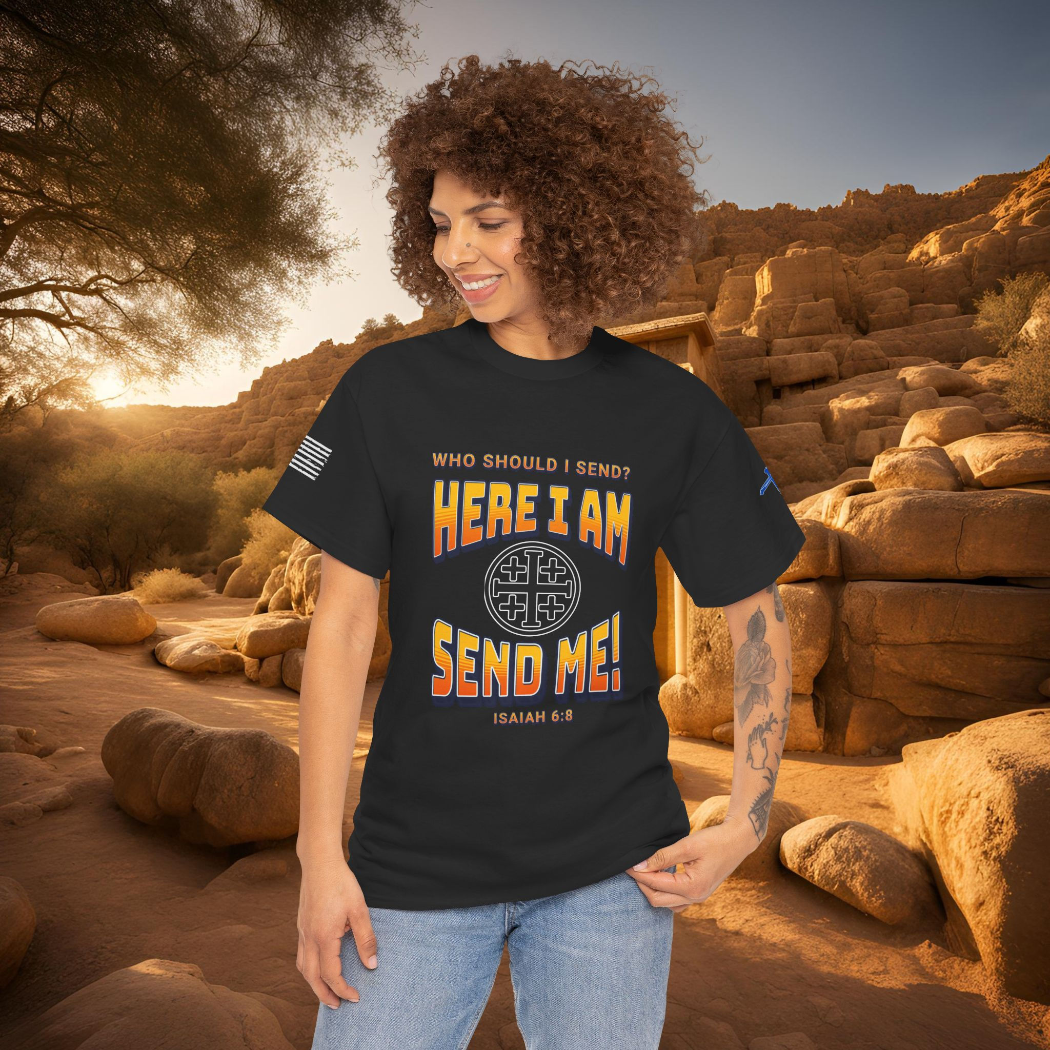black tee with Here I am Send me printed in a fading light yellow to orange font style, with a Jerusalem cross in the center