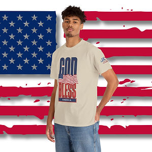 Tan t-shirt with a GOD BLESS America printed with blue and red letters